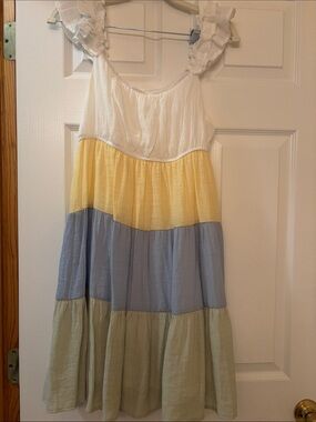 mine Ruffled-Strap Tiered Dress in White, Yellow, Blue & Green